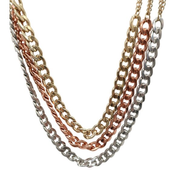 Chunky 3 Strand Curb Chain Necklace Gold Rose Gold & Silver Statement 24 Inches - Picture 2 of 7